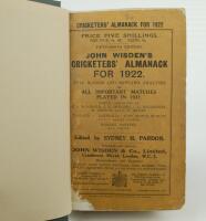 Wisden Cricketers’ Almanack 1922 and 1923. 59th & 60th editions. Both bound in dark green boards, with original paper wrappers, with gilt titles to spine, the 1922 edition lacking original rear wrapper. The 1922 edition with loss to the left hand corner o