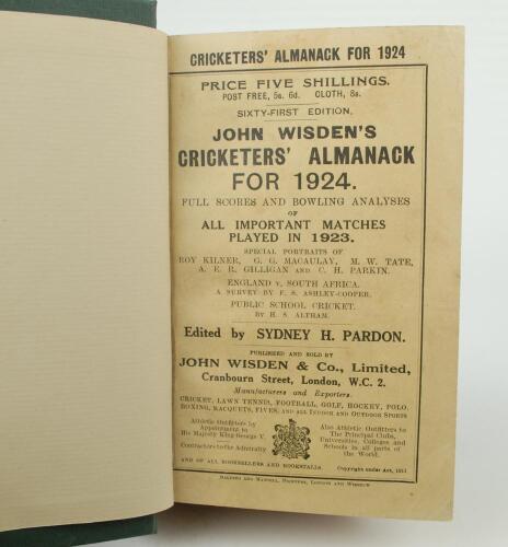 Wisden Cricketers&rsquo; Almanack 1924 and 1925. 61st & 62nd editions. Bound in dark green boards, with original paper wrappers, with gilt titles to spine. The 1924 edition in good/very good condition and the 1925 edition with only fair/good front and rear wrap