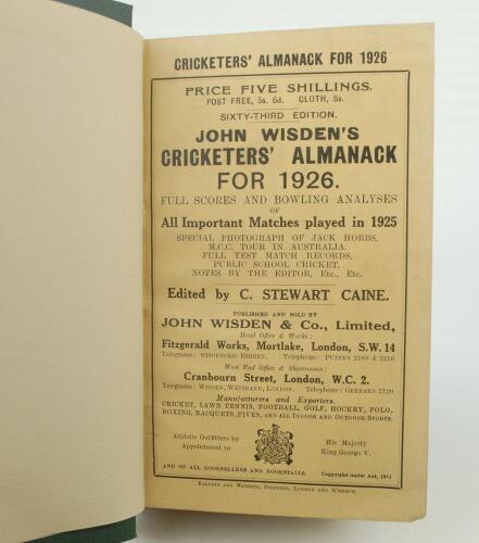 Wisden Cricketers&rsquo; Almanack 1926. 63rd edition. Bound in dark green boards, with original paper wrappers, with gilt titles to spine. Very good condition. The book has been bound in dark green boards with gilt lettering title and date to spine. With title 