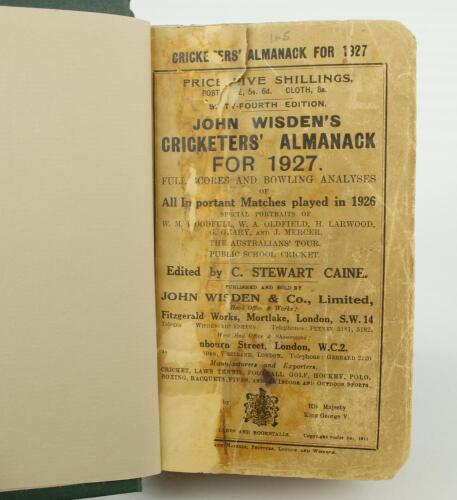 Wisden Cricketers&rsquo; Almanack 1927, 1928 and 1929. 64th, 65th & 66th editions. Bound in dark green boards, with original paper wrappers, with gilt titles to spine. The 1927 edition with poor front and rear wrappers, the 1928 edition ex-libris with small han