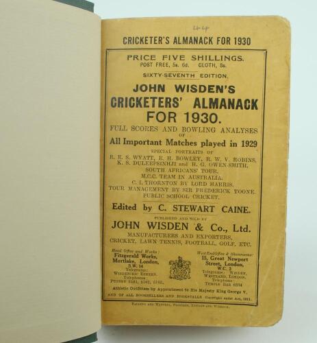 Wisden Cricketers&rsquo; Almanack 1930 and 1931. 67th & 68th editions. Bound in dark green boards, with original paper wrappers, with gilt titles to spine. Both editions appear a little tired, odd minor faults otherwise in good condition. The books have been bo