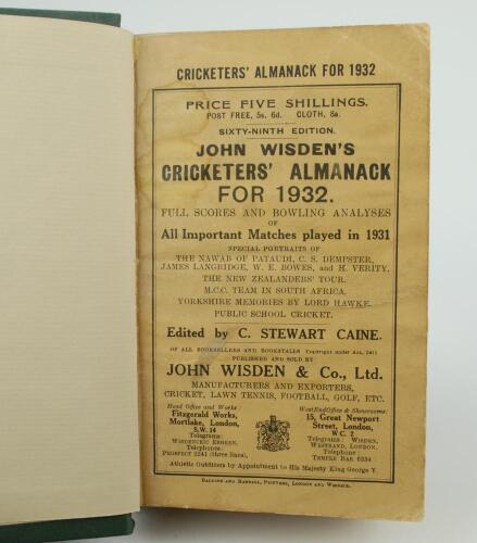 Wisden Cricketers&rsquo; Almanack 1932. 69th edition. Bound in dark green boards, with original paper wrappers, with gilt titles to spine. Very minor faults to wrappers, nick to odd page edge otherwise in good+ condition. The book has been bound in dark green b