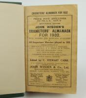 Wisden Cricketers’ Almanack 1932. 69th edition. Bound in dark green boards, with original paper wrappers, with gilt titles to spine. Very minor faults to wrappers, nick to odd page edge otherwise in good+ condition. The book has been bound in dark green b