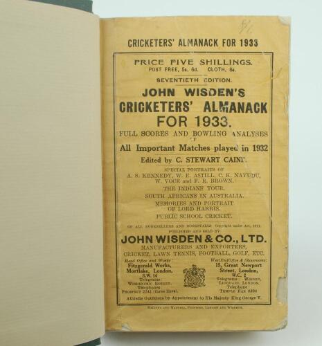 Wisden Cricketers&rsquo; Almanack 1933 and 1934. 70th & 71st editions. Both bound in dark green boards, with original paper wrappers, with gilt titles to spine. The 1933 edition with worn and damaged wrappers with some loss, and the 1934 edition with darkened 
