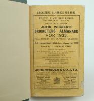 Wisden Cricketers’ Almanack 1933 and 1934. 70th & 71st editions. Both bound in dark green boards, with original paper wrappers, with gilt titles to spine. The 1933 edition with worn and damaged wrappers with some loss, and the 1934 edition with darkened 