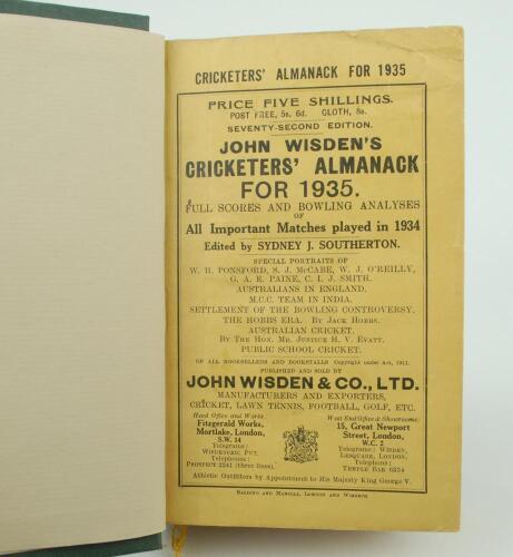 Wisden Cricketers&rsquo; Almanack 1935. 72nd edition. Bound in dark green boards, with original paper wrappers, with gilt titles to spine. Bump to the top right hand corner of the book otherwise in good/very good condition. The book has been bound in dark green