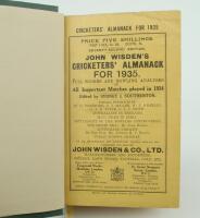 Wisden Cricketers’ Almanack 1935. 72nd edition. Bound in dark green boards, with original paper wrappers, with gilt titles to spine. Bump to the top right hand corner of the book otherwise in good/very good condition. The book has been bound in dark green