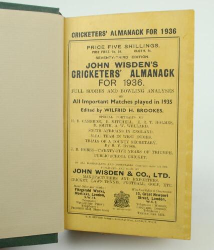 Wisden Cricketers&rsquo; Almanack 1936. 73rd edition. Bound in dark green boards, with original paper wrappers, with gilt titles to spine. Small hole to rear wrapper which extends through the last five advertising pages otherwise in very good condition. The boo