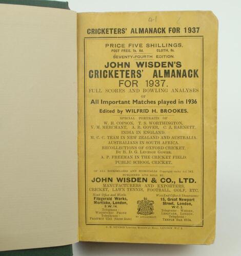 Wisden Cricketers&rsquo; Almanack 1937. 74th edition. Bound in dark green boards, with original paper wrappers, with gilt titles to spine. Odd minor faults otherwise in good/very good condition. The book has been bound in dark green boards with gilt lettering t