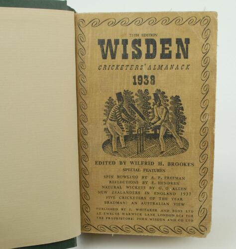 Wisden Cricketers&rsquo; Almanack 1938, 1939 and 1940. 75th to 77th editions. Bound in dark green boards, with original limp cloth covers, with gilt titles to spine. All three editions with worn and stained covers, the 1940 edition with old tape marks to the in