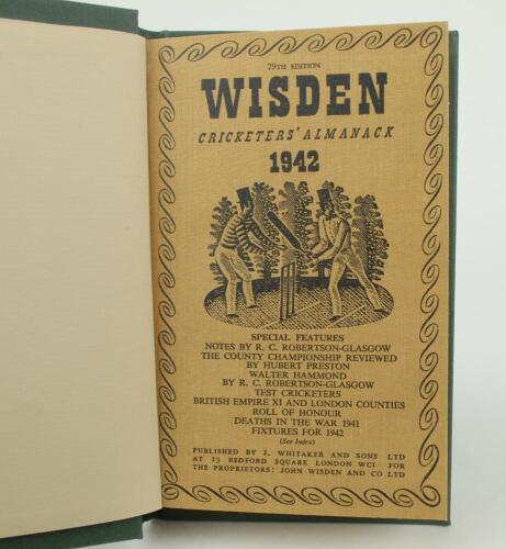 Wisden Cricketers&rsquo; Almanack 1942. 79th edition. Bound in dark green boards, with original limp cloth covers, with gilt titles to spine, red speckled page edges. Only 4100 paper copies were printed in this war year. Trimming by the binder a little tight to
