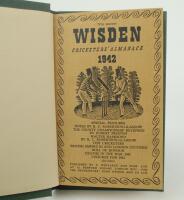 Wisden Cricketers’ Almanack 1942. 79th edition. Bound in dark green boards, with original limp cloth covers, with gilt titles to spine, red speckled page edges. Only 4100 paper copies were printed in this war year. Trimming by the binder a little tight to