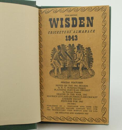 Wisden Cricketers&rsquo; Almanack 1943. 80th edition. Bound in dark green boards, with original limp cloth covers, with gilt titles to spine, red speckled page edges. Only 5600 paper copies printed in this war year. Trimming by the binder a little tight to the 