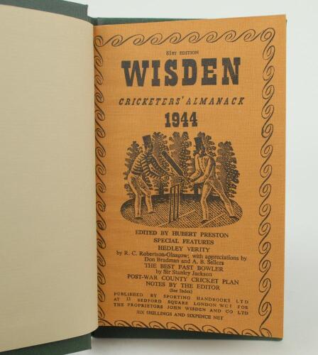 Wisden Cricketers’ Almanack 1944. 81st edition. Bound in dark green boards, with original limp cloth covers, with gilt titles to spine, red speckled page edges. Only 5600 copies were printed in this war year. Trimming by the binder a little tight to the o