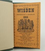 Wisden Cricketers’ Almanack 1944. 81st edition. Bound in dark green boards, with original limp cloth covers, with gilt titles to spine, red speckled page edges. Only 5600 copies were printed in this war year. Trimming by the binder a little tight to the o