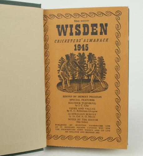 Wisden Cricketers’ Almanack 1945. 82nd edition. Bound in dark green boards, with original limp cloth covers, with gilt titles to spine. Only 5600 copies were printed in this war year. One page block loose otherwise in good/very good condition. The book ha