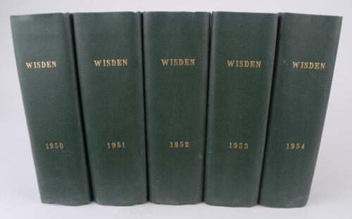 Wisden Cricketers’ Almanack 1950 to 1959. Ten editions bound in dark green boards, with original limp cloth covers, with gilt titles to spine. Some minor faults to odd covers otherwise in good condition. The books have been bound in dark green boards with