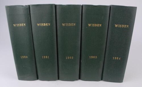 Wisden Cricketers&rsquo; Almanack 1960 to 1969. Ten editions bound in dark green boards, with original limp cloth covers, with gilt titles to spine. Some minor faults to odd covers otherwise in good condition. The books have been bound in dark green boards with