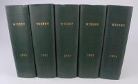 Wisden Cricketers’ Almanack 1960 to 1969. Ten editions bound in dark green boards, with original limp cloth covers, with gilt titles to spine. Some minor faults to odd covers otherwise in good condition. The books have been bound in dark green boards with