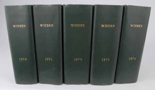Wisden Cricketers&rsquo; Almanack 1970 to 1979. Ten editions bound in dark green boards, with original limp cloth covers, with gilt titles to spine. Some minor faults to odd covers otherwise in good condition. The books have been bound in dark green boards with