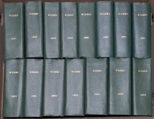 Wisden Cricketers&rsquo; Almanack 1980 to 2018. Bound in dark green boards with gilt titles to spine. Some minor faults to odd covers, the editions from 1980 to 1995 and 1998 with original limp cloth covers, 1996, 1997, 1999 to 2018 bound without original cover