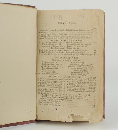 Wisden Cricketers&rsquo; Almanack 1879. 16th edition. Bound in maroon boards, lacking original paper wrappers, title page and two advertising pages at rear, with gilt titles to spine. Some wear and staining to boards, some insect damage to &lsquo;Contents&rsquo; page and t