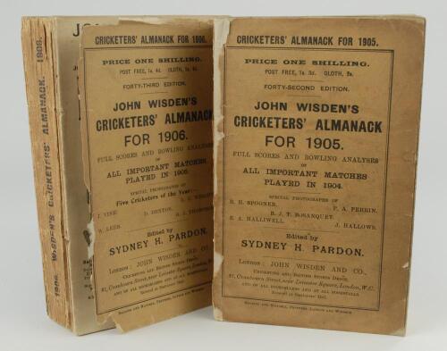 Wisden Cricketers&rsquo; Almanack 1905 and 1906. 42nd & 43rd editions. Original paper wrappers. Both editions with some breaking to spine blocks, page sections becoming slightly loose, some loss to wrapper edges, some wear with small loss to spine paper, the 19