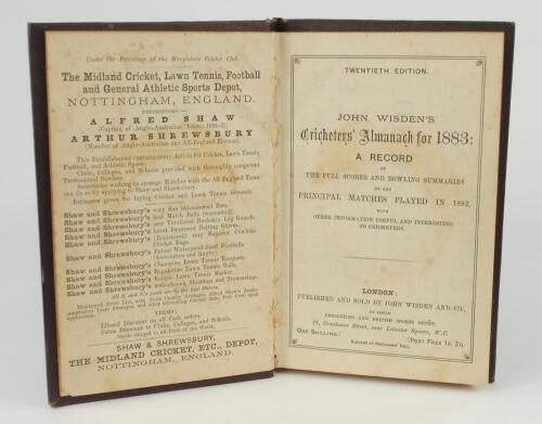 Wisden Cricketers&rsquo; Almanack 1883. 20th edition. Bound in maroon boards, lacking original paper wrappers and advertising pages at rear, with gilt titles to spine, red speckled page edge. Some ink annotation and soiling to the first advertising page, minor 