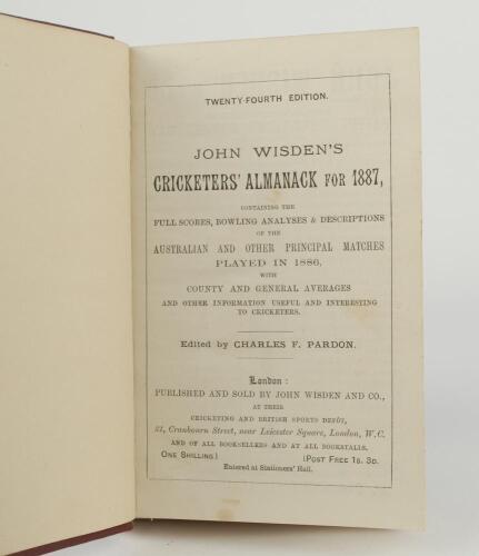 Wisden Cricketers’ Almanack 1887. 24th edition. Bound in maroon boards, lacking original paper wrappers, advertising page at front and advertising pages at rear, with gilt titles to spine, red speckled page edge. Page 95/96 detached otherwise in good+ con