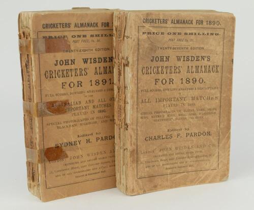 Wisden Cricketers&rsquo; Almanack 1890 and 1891. 27th & 28th editions. Original paper wrappers. Both editions with faults, the 1890 edition with worn and age toned front wrapper, almost total loss of spine paper, breaking to spine block, front wrapper detached,