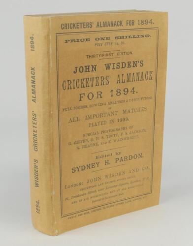 Wisden Cricketers&rsquo; Almanack 1894. 31st edition. Replacement replica paper wrappers, spine and advertising pages. The remainder of the book appears original and complete and in good/very good condition