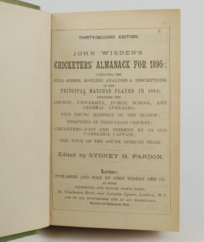 Wisden Cricketers&rsquo; Almanack 1895. 32nd edition. Bound in green boards, lacking original paper wrappers, advertising pages at the front and rear, with gilt titles to spine. Some wear to green boards otherwise in good+ condition. Pages checked, complete
