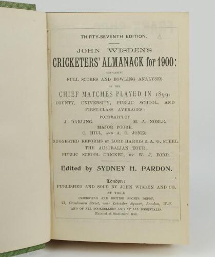 Wisden Cricketers’ Almanack 1900. 37th edition. Bound in green boards, lacking original paper wrappers, advertising page at front and advertising pages at rear, with gilt titles to spine, red speckled page edge. Good condition. Pages checked, complete. Sl