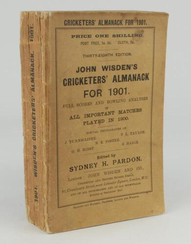 Wisden Cricketers&rsquo; Almanack 1901. 38th edition. Original paper wrappers. Slight breaking to spine block, some wear with minor loss to the spine paper, slightly cocked spine to the right, slight staining, wear to edges and discolouration to wrappers, some 