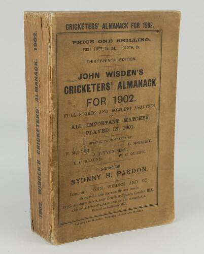 Wisden Cricketers&rsquo; Almanack 1902. 39th edition. Original paper wrappers. Soiled wrappers and spine paper, slight breaking to spine block, some wear with small loss to spine paper otherwise in good+ condition