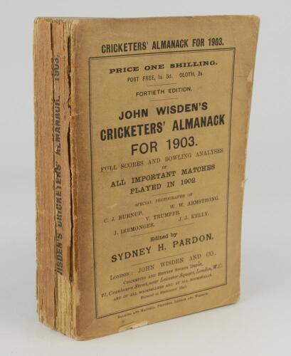 Wisden Cricketers&rsquo; Almanack 1903. 40th edition. Original paper wrappers. Some breaking to spine block, page sections becoming slightly loose, chipping to wrappers edges, some wear with some loss to spine paper otherwise in good condition