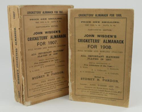 Wisden Cricketers&rsquo; Almanack 1907 and 1908. 44th & 45th editions. Original paper wrappers. Both editions with some breaking to spine blocks, page sections becoming slightly loose, some loss to wrapper edges, some wear with small loss to spine paper, the 19
