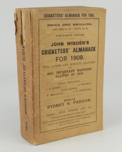 Wisden Cricketers&rsquo; Almanack 1909. 46th edition. Original paper wrappers. Some wear with small loss to spine paper otherwise in good+ condition