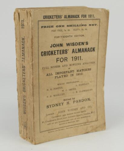 Wisden Cricketers&rsquo; Almanack 1911. 48th edition. Original paper wrappers. Slight discolouration to wrappers, some wear with some loss to spine paper, some wear to wrapper extremities with small loss otherwise in good condition