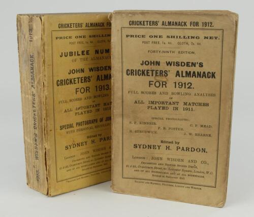 Wisden Cricketers&rsquo; Almanack 1912 and 1913. 49th & 50th editions. Original paper wrappers. The 1913 edition with some breaking to spine block, page sections becoming slightly loose, both editions with some soiling, darkening and wear to wrappers and spines