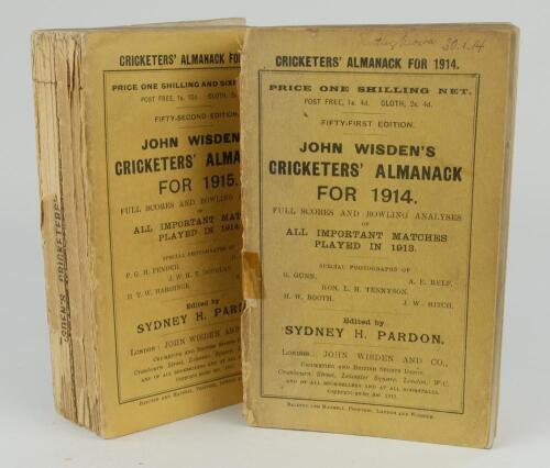 Wisden Cricketers&rsquo; Almanack 1914 and 1915. 51st & 52nd editions. Original paper wrappers. Both editions with some breaking to spine blocks, page sections becoming slightly loose, both editions with some wear to wrappers and spines, loss to spine papers, t