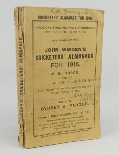 Wisden Cricketers&rsquo; Almanack 1916. 53rd edition. Original paper wrappers. Name of ownership written to top border of front wrapper, further handwritten annotation below, some wear to spine paper with loss to head and toe, wear with loss to corner of the re