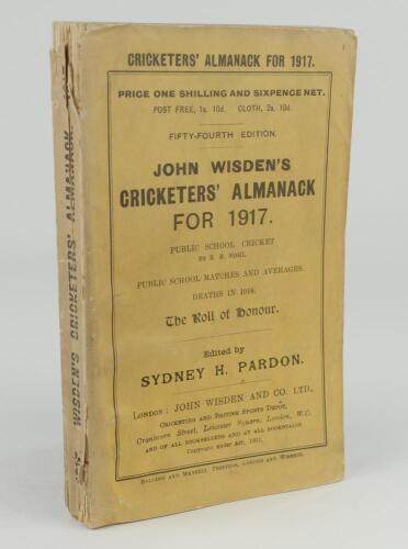 Wisden Cricketers&rsquo; Almanack 1917. 54th edition. Original paper wrappers. Minor wear and creasing to wrappers, some wear to spine paper with small loss to head and toe otherwise in good condition. Rare war-time edition