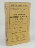 Wisden Cricketers’ Almanack 1917. 54th edition. Original paper wrappers. Minor wear and creasing to wrappers, some wear to spine paper with small loss to head and toe otherwise in good condition. Rare war-time edition