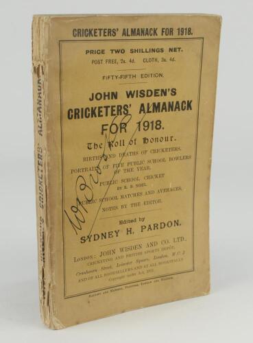 Wisden Cricketers&rsquo; Almanack 1918. 55th edition. Original paper wrappers. Slight age toning to wrappers, some wear to spine paper with small loss to head and toe otherwise in good condition. Signature of ownership signed across the front wrapper. Rare war-