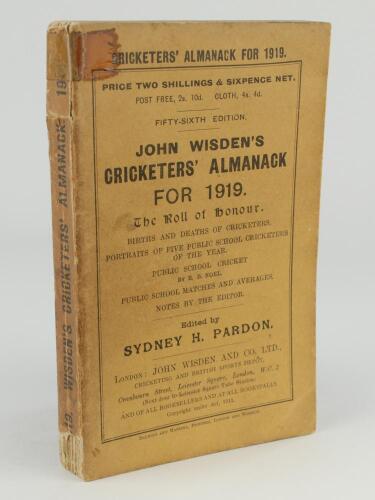 Wisden Cricketers&rsquo; Almanack 1919. 56th edition. Original paper wrappers. Slight age toning to wrappers, some wear to spine paper with small loss to toe and old tape to head otherwise in good condition. Rare war-time edition