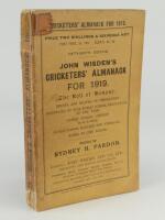 Wisden Cricketers’ Almanack 1919. 56th edition. Original paper wrappers. Slight age toning to wrappers, some wear to spine paper with small loss to toe and old tape to head otherwise in good condition. Rare war-time edition