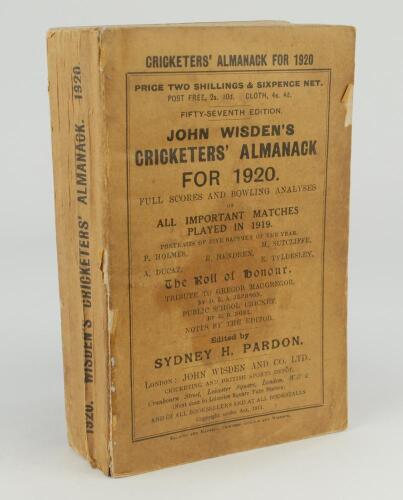 Wisden Cricketers&rsquo; Almanack 1920. 57th edition. Original paper wrappers. Stain to centre of front wrapper, some chipping to the front wrapper extremities, age toning to both wrappers, some soiling/staining to the inside of both wrappers otherwise in good 