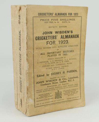 Wisden Cricketers&rsquo; Almanack 1923. 60th edition. Original paper wrappers. Slight discolouration to wrappers, some breaking to spine block, page sections becoming slightly loose, some wear with small loss to wrappers and spine paper otherwise in good condit