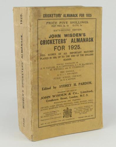 Wisden Cricketers&rsquo; Almanack 1925. 62nd edition. Original paper wrappers. Minor soiling to wrappers, minor wear to spine paper otherwise in good condition
